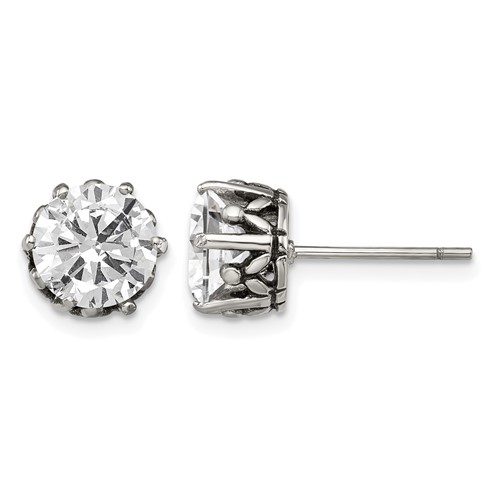 Chisel Stainless Steel Antiqued and Polished Round CZ Post Earrings