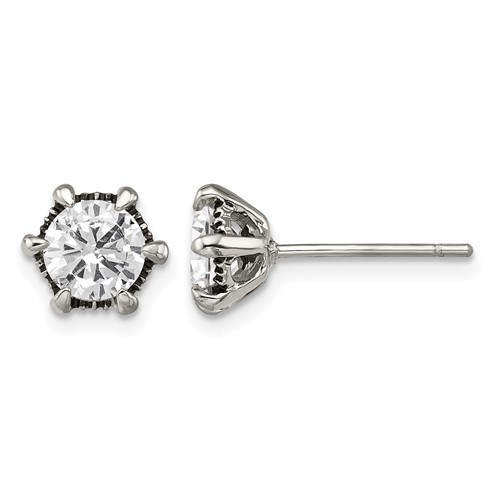 Chisel Stainless Steel Antiqued and Polished CZ Post Earrings