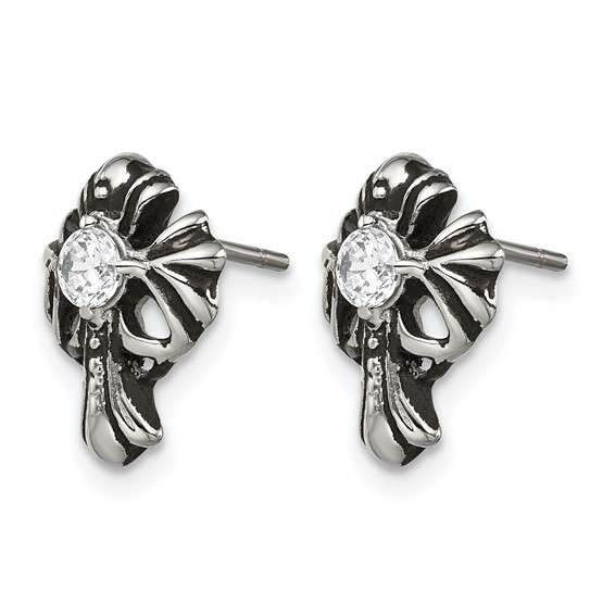 Chisel Stainless Steel Antiqued and Polished with CZ Cross Post Earrings