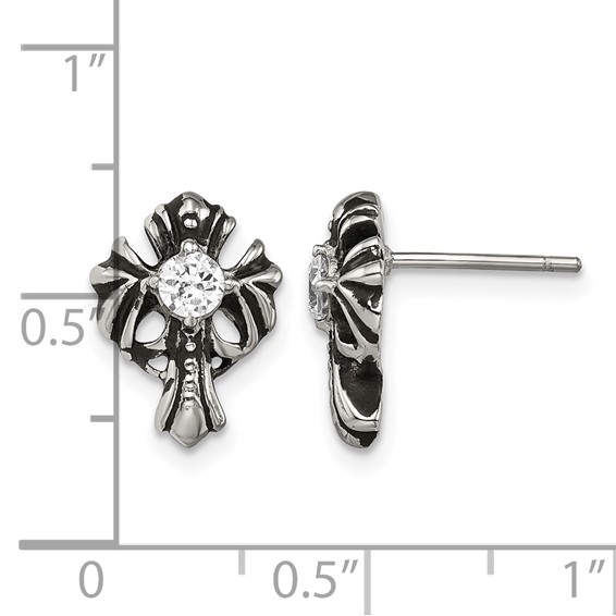 Chisel Stainless Steel Antiqued and Polished with CZ Cross Post Earrings