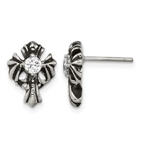 Chisel Stainless Steel Antiqued and Polished Earrings with CZ Cross Post view 1