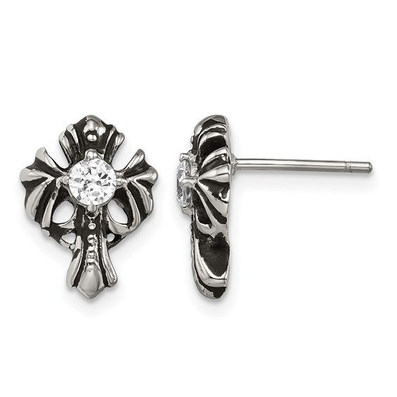Chisel Stainless Steel Antiqued and Polished with CZ Cross Post Earrings