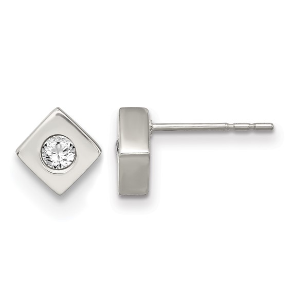 Chisel Stainless Steel Brushed with CZ Diamond-shaped Post Earrings