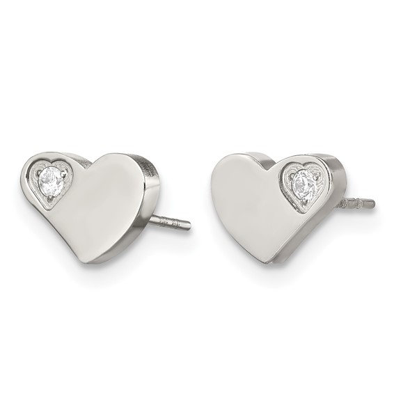 Chisel Stainless Steel Polished with CZ Heart Post Earrings