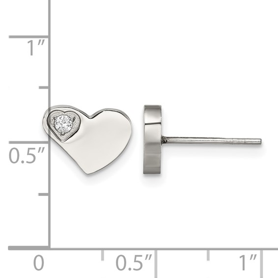 Chisel Stainless Steel Polished with CZ Heart Post Earrings