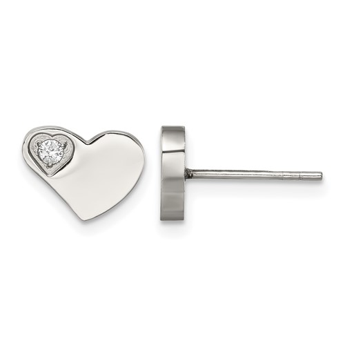 Chisel Stainless Steel Polished Earrings with CZ Heart Post