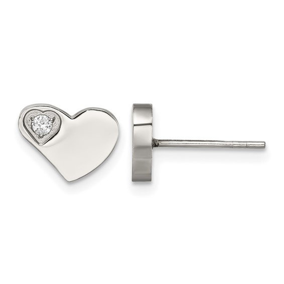 Chisel Stainless Steel Polished with CZ Heart Post Earrings