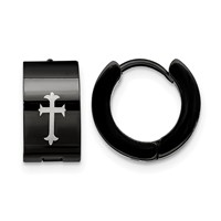 Chisel Stainless Steel Black IP-plated 7mm Hinged Hoop Earrings with Cross view 1