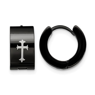 Chisel Stainless Steel Black IP-plated 7mm Hinged Hoop with Cross Earrings