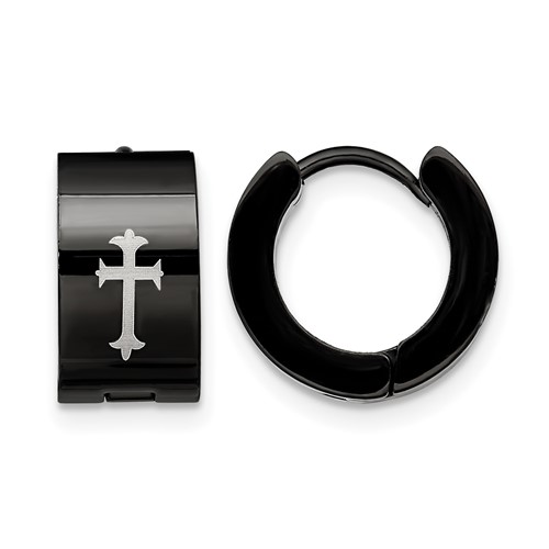 Chisel Stainless Steel Black IP-plated 7mm Hinged Hoop Earrings with Cross