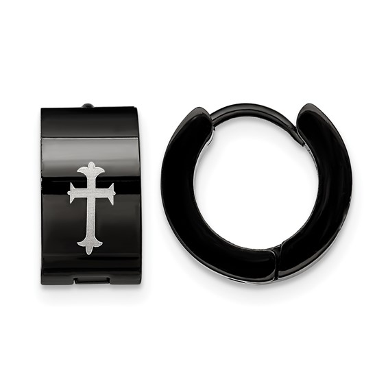 Chisel Stainless Steel Black IP-plated 7mm Hinged Hoop with Cross Earrings