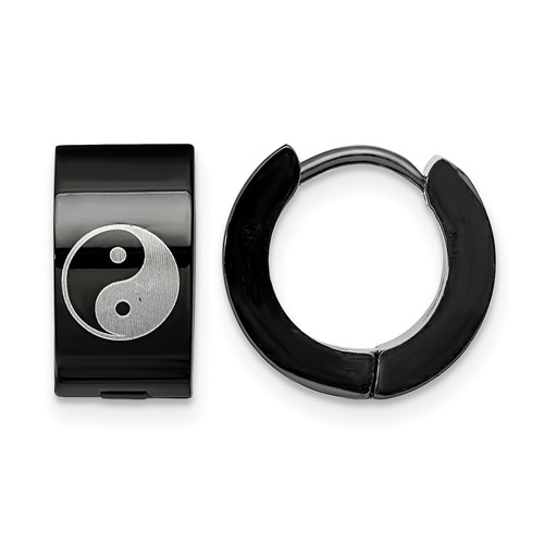 Chisel Stainless Steel Polished Black IP-plated 7mm Hinged Hoop Earrings with Yin Yang