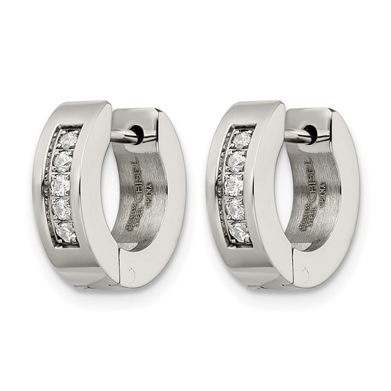 Chisel Stainless Steel Polished with CZ 4mm Hinged Hoop Earrings