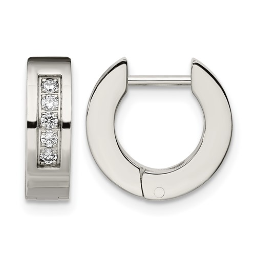 Chisel Stainless Steel Polished Earrings with CZ 4mm Hinged Hoop