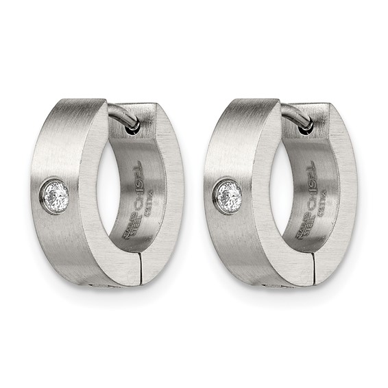Chisel Stainless Steel Brushed with CZ 4mm Hinged Hoop Earrings