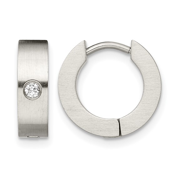 Chisel Stainless Steel Brushed with CZ 4mm Hinged Hoop Earrings