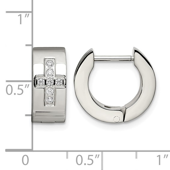 Chisel Stainless Steel Brushed and Polished with CZ Cross 6mm Hinged Hoop Earrings