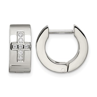 Chisel Stainless Steel Brushed and Polished with CZ Cross 6mm Hinged Hoop Earrings