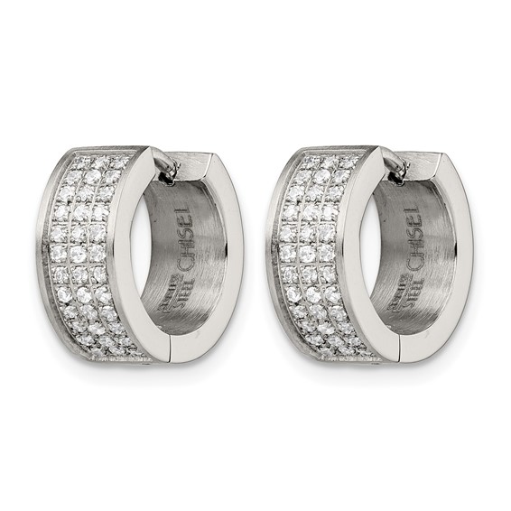 Chisel Stainless Steel Brushed and Polished with CZ 6mm Hinged Hoop Earrings