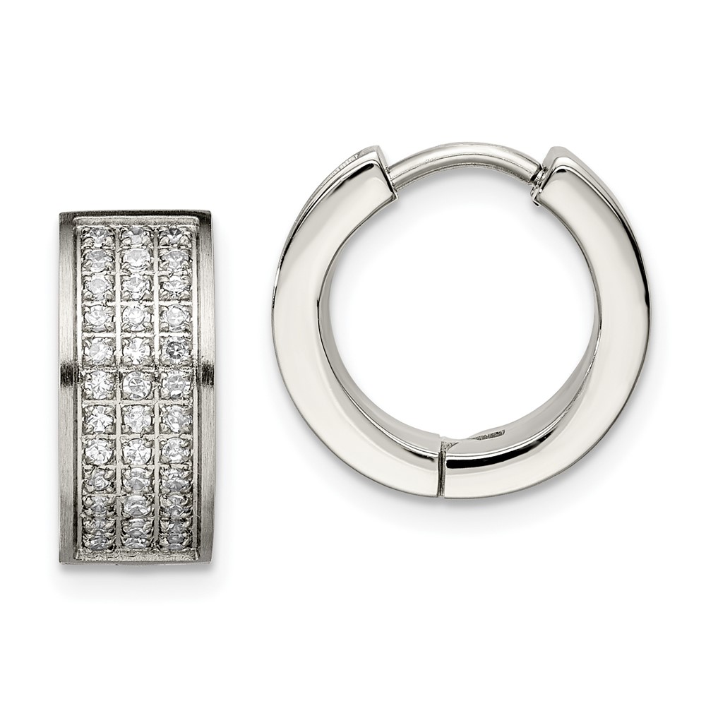 Stainless Steel Brushed and Polished w/CZ 6mm Hinged Hoop Earrings