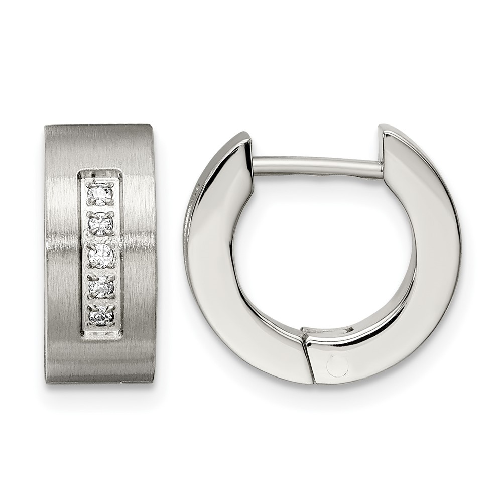 Chisel Stainless Steel Brushed and Polished Earrings with CZ 5mm Hinged Hoop