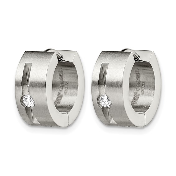 Chisel Stainless Steel Brushed and Polished with CZ 7mm Hinged Hoop Earrings
