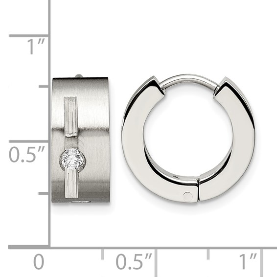 Chisel Stainless Steel Brushed and Polished with CZ 7mm Hinged Hoop Earrings