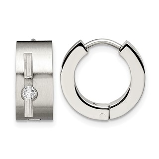 Chisel Stainless Steel Brushed and Polished with CZ 7mm Hinged Hoop Earrings