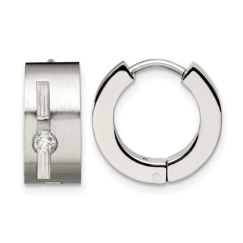 Chisel Stainless Steel Brushed and Polished with CZ 7mm Hinged Hoop Earrings