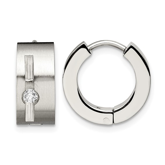 Chisel Stainless Steel Brushed and Polished with CZ 7mm Hinged Hoop Earrings