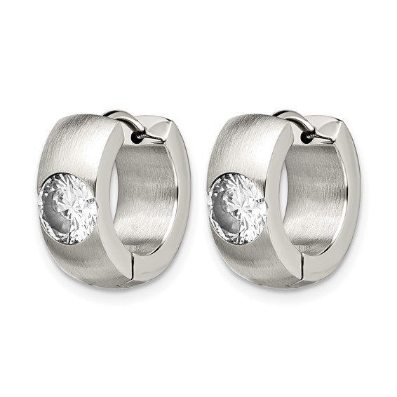 Chisel Stainless Steel Brushed and Polished with CZ Round 7mm Hinged Hoop Earrings
