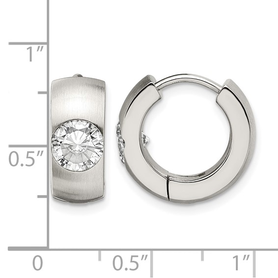 Chisel Stainless Steel Brushed and Polished with CZ Round 7mm Hinged Hoop Earrings