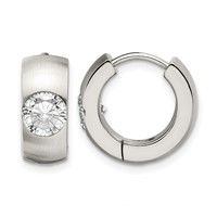 Chisel Stainless Steel Brushed and Polished Earrings with CZ Round 7mm Hinged Hoop view 1