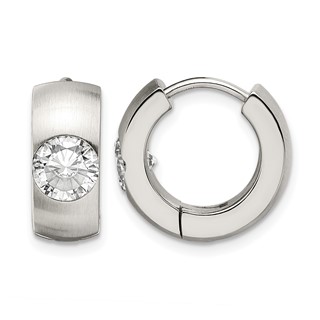 Chisel Stainless Steel Brushed and Polished with CZ Round 7mm Hinged Hoop Earrings