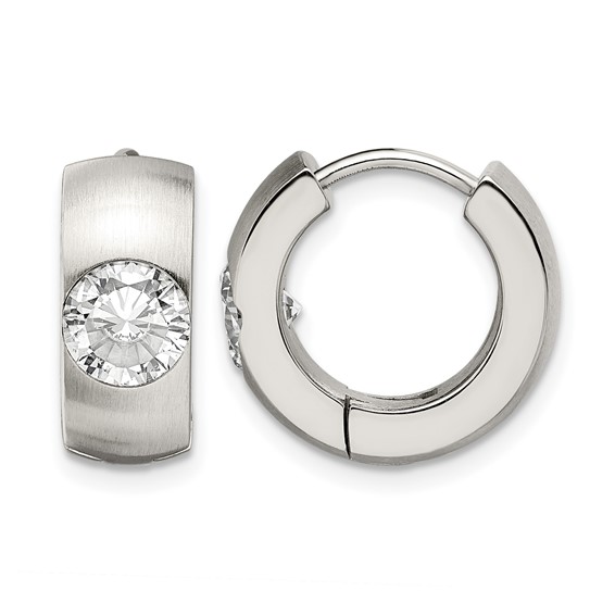Chisel Stainless Steel Brushed and Polished with CZ Round 7mm Hinged Hoop Earrings