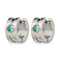 Chisel Stainless Steel Brushed and Polished Yellow IP-plated Earrings with Blue CZ Hinged Hoop view 3