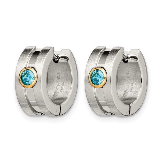 Chisel Stainless Steel Brushed and Polished Yellow IP-plated with Blue CZ Hinged Hoop Earrings