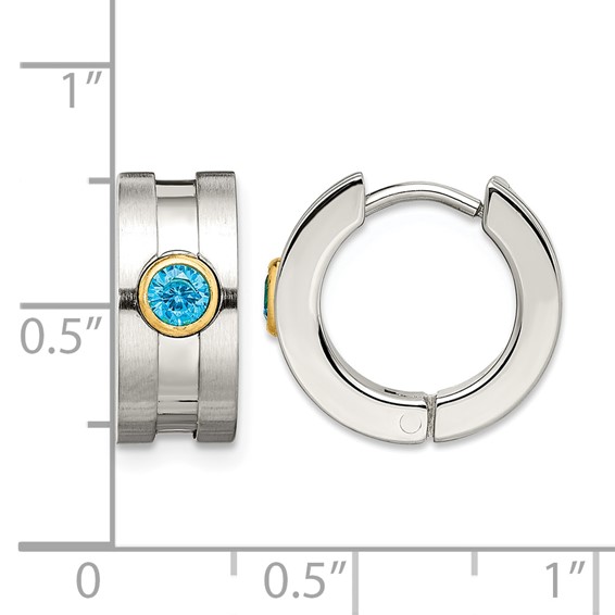 Chisel Stainless Steel Brushed and Polished Yellow IP-plated with Blue CZ Hinged Hoop Earrings