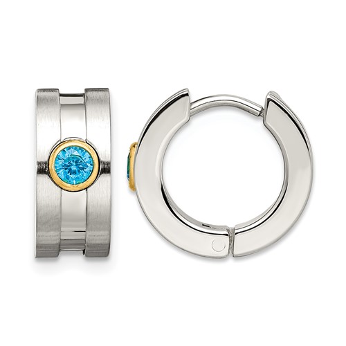 Chisel Stainless Steel Brushed and Polished Yellow IP-plated Earrings with Blue CZ Hinged Hoop