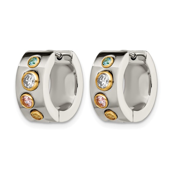 Chisel Stainless Steel Polished Yellow IP-plated with Multicolor CZ 7mm Hinged Hoop Earrings
