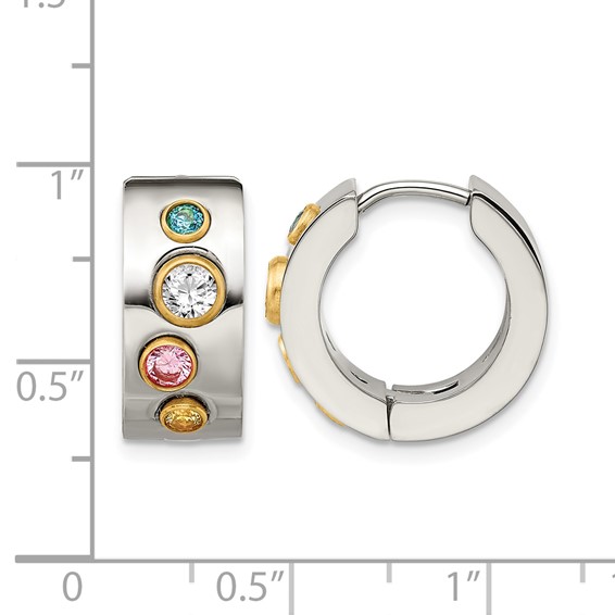 Chisel Stainless Steel Polished Yellow IP-plated with Multicolor CZ 7mm Hinged Hoop Earrings