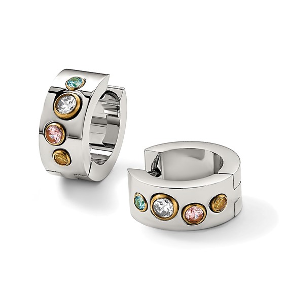 Chisel Stainless Steel Polished Yellow IP-plated with Multicolor CZ 7mm Hinged Hoop Earrings
