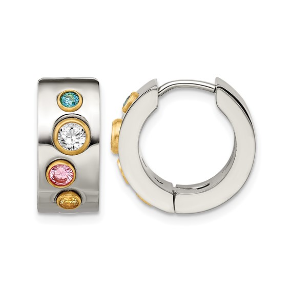 Chisel Stainless Steel Polished Yellow IP-plated with Multicolor CZ 7mm Hinged Hoop Earrings