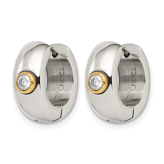 Chisel Stainless Steel Polished Yellow IP-plated with CZ 7mm Hinged Hoop Earrings