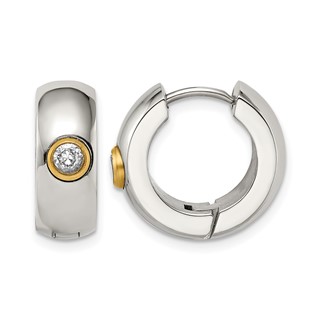 Chisel Stainless Steel Polished Yellow IP-plated with CZ 7mm Hinged Hoop Earrings