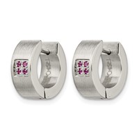 Chisel Stainless Steel Brushed and Polished Earrings with Pink CZ 5mm Hinged Hoop view 3
