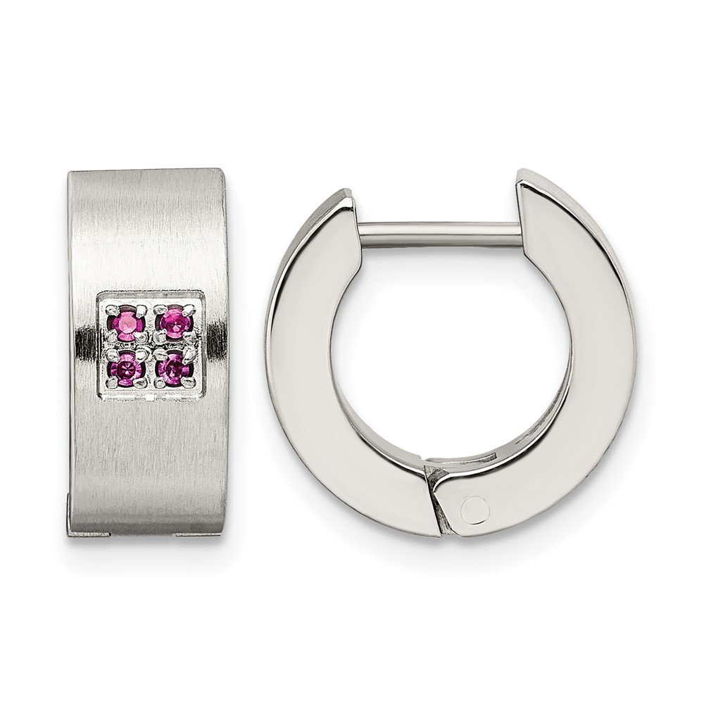 Chisel Stainless Steel Brushed and Polished Earrings with Pink CZ 5mm Hinged Hoop