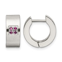 Chisel Stainless Steel Brushed and Polished Earrings with Pink CZ 5mm Hinged Hoop view 1