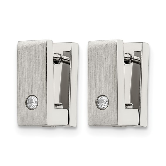 Chisel Stainless Steel Brushed and Polished with CZ 5mm Hinged Square Hoop Earrings