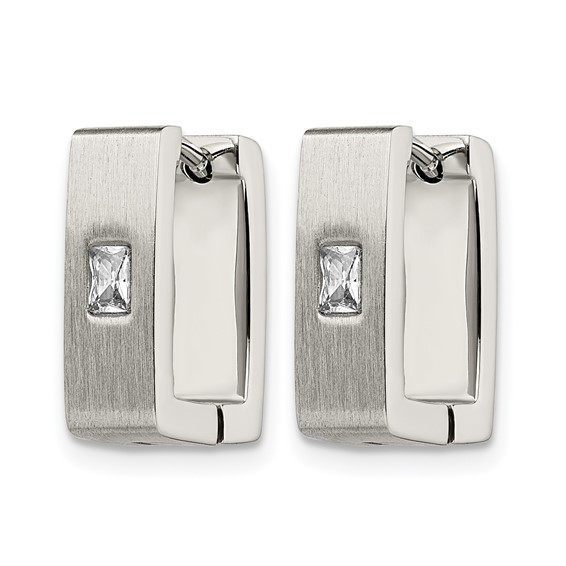 Chisel Stainless Steel Brushed and Polished with CZ 5mm Square Hinged Earrings